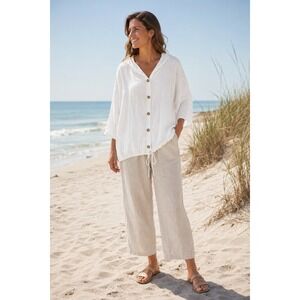 NWT Alice Rinaldi White Linen Top Hoodie Size Medium Button Drawstring Italy